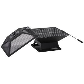 Wood Burning Portable Fire Pit, Outdoor Firepit with Cooking BBQ Grill, Spark Screen, Poker for Backyard, Black