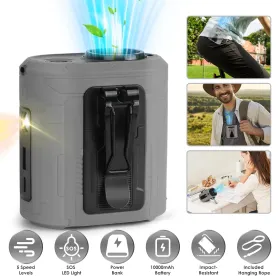 5 In 1 Portable Waist Clip Fan With 5 Speeds Flashlight Battery Operated Personal Wearable Turbo Belt Fan Hands-Free Neck Fan For Camping Travel (Color: Grey)
