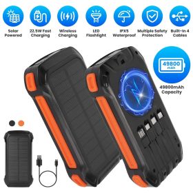 Portable Solar Charger 49800mAh Power Bank External Battery Pack 22.5W PD Fast Charging Built in 4 Cables 15W Wireless Charging LED Flashlight for Cam (Color: Orange)